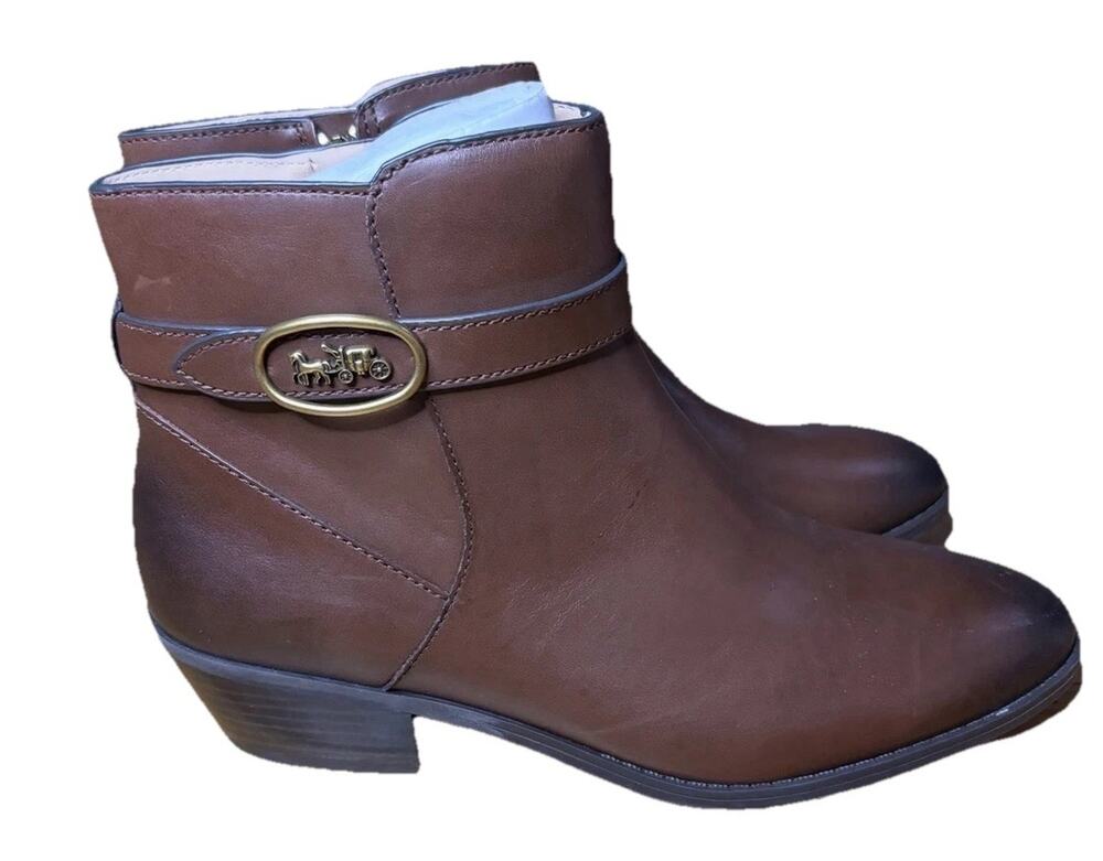 Coach Debi Walnut Brown Leather Ankle Booties Gold Heel Women's Size 10 NEW